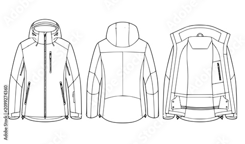 Ski Jacket Technical CAD Flat Vector Front Back Inside Views