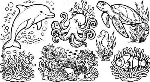 Canvas Print Underwater sea animals and coral reef line art