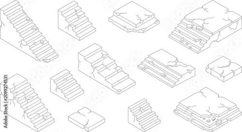 Isometric collection of ruined ancient stone stairs and broken architectural steps featuring weathered masonry blocks and damaged staircase elements isolated on a clean white background.