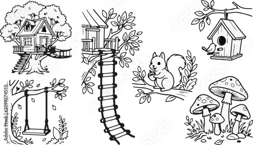 Foto Treehouse squirrel birdhouse mushroom forest illustrations