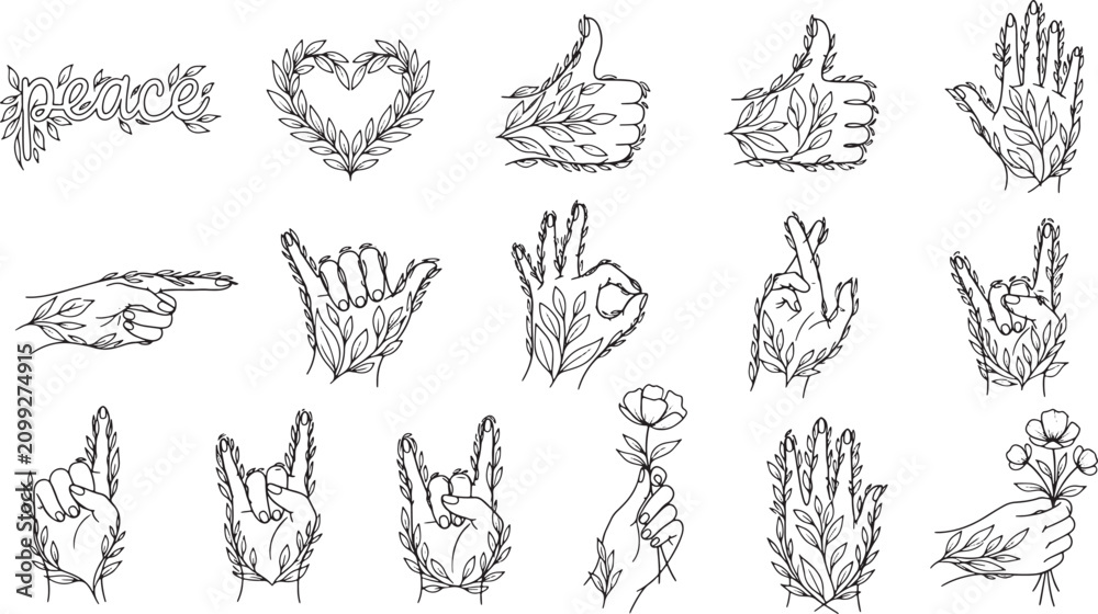 Fototapeta premium Hand gestures collection with floral botanical elements in black and white line art vector illustration set