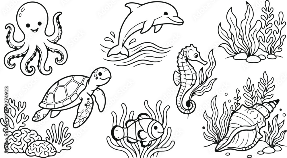 Fototapeta premium Black and white sea animals and plants