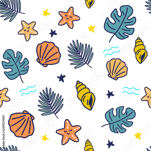 Cute Tropical Beach Summer Seamless Pattern with Starfish, Seashells and Palm Leaves