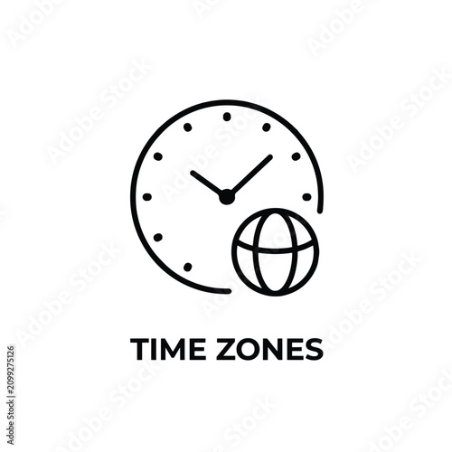 Φωτογραφία Time zones icon featuring a clock face and globe outlined in black on a white ba