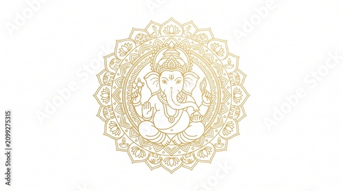 Intricate Golden Ganesha Line Art Mandala Circular Ornament Symbolizing Wisdom and New Beginnings