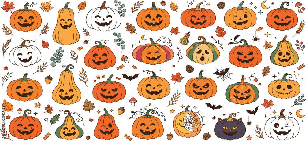 Fototapeta premium Halloween pumpkin vector set with spooky jack o lantern faces and autumn leaf element patterns