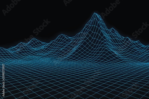 Foto High detail blue wireframe mountain peak landscape with 3d terrain grid mesh on black background for digital crypto concept