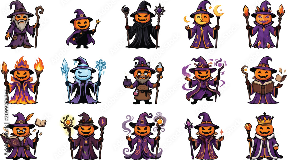Obraz premium Halloween Pumpkin Wizard Character Set with Magic Fantasy Clipart