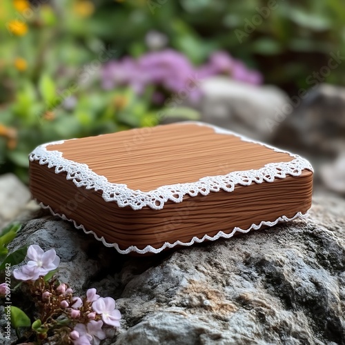 Square wooden decorative coaster with lace trim, resting on a rock, surrounded by flowers