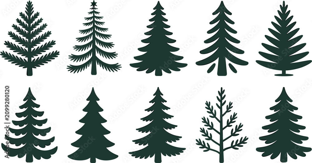 Obraz premium Christmas Tree Silhouette Icon Set with Flat Pine and Fir Evergreen Vectors for Winter Holidays Holiday Greeting Cards Graphic Design and Patterns