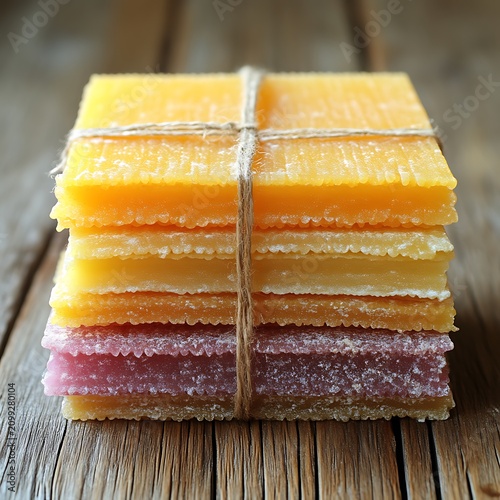 Stack of colorful handmade soaps tied with twine
