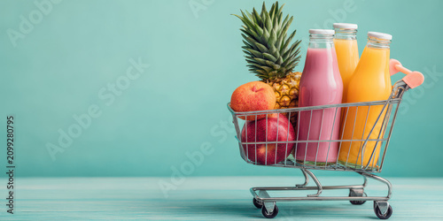 Shopping cart holds bottles of juice, apples, and pineapple on a blue background