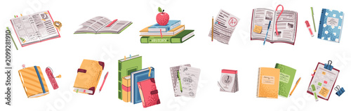 School and Office Set. Notebook, Planner, Books and Supplies in Flat Design. Back to School. Textbooks with Sticky, Pens, Highlighters. Educational Content, Social Media, and Stationery Design.