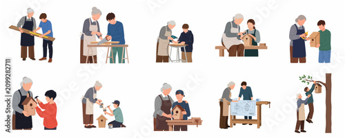 Fotografía Vector illustration set of a grandmother teaching her grandson how to build a wooden birdhouse, from measuring and sawing to painting and hanging it on a tree