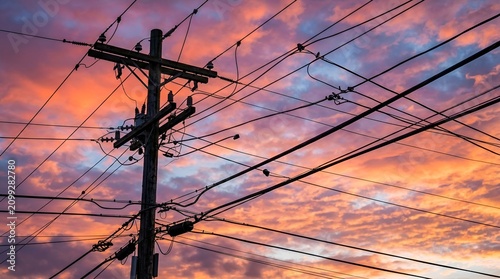 Overhead power lines silhouetted against colorful sunset sky