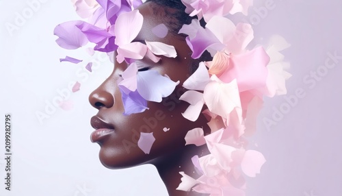 Artistic portrait of person with pink flower petals.