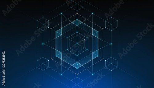 Abstract digital geometric snowflake structure formed by glowing interconnected lines and nodes representing advanced technology and data network connectivity