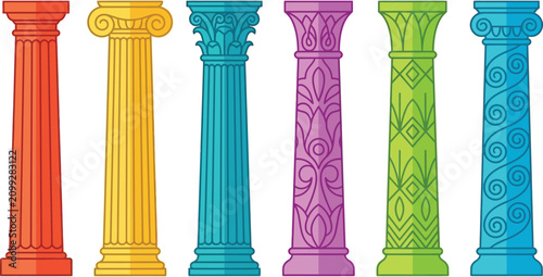 Collection of six vibrant stylized vector illustrations showcasing classic architectural and ornamental columns with intricate decorative pillars for artistic graphic design elements and projects.