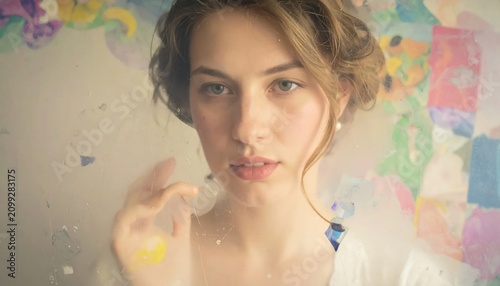 Artistic portrait of woman behind colorful paint splashed glass.