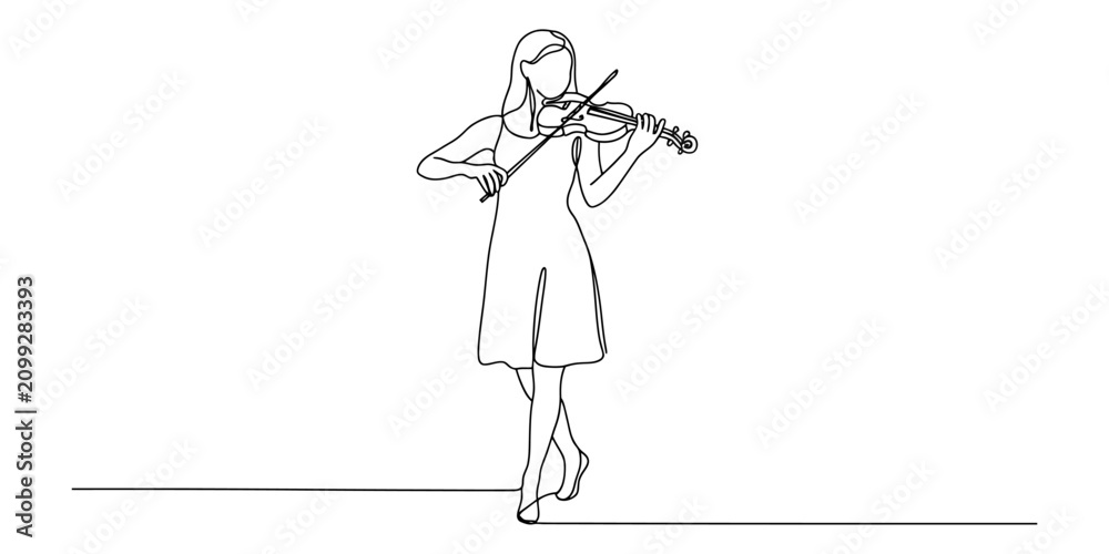 Fototapeta premium Continuous single line drawing of a young woman playing a violin