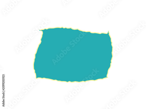 Photos A teal colored rectangular patch with ragged edges and a yellow border