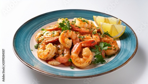sauteed shrimps and prawns seasoned with garlic herbs and lemon displayed on white background with copy space image