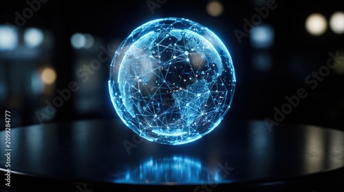 Holographic connected globe levitating above reflective table with network nodes and lines in dark room, modern technology concept for global connectivity, data exchange and digital infrastructure