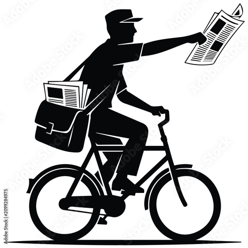 Newspaper delivery man riding bicycle silhouette vector illustration line art graphic.