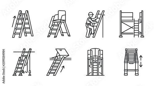 Ladder Types and Safety Equipment Icons: Illustrations of Various Climbing Tools