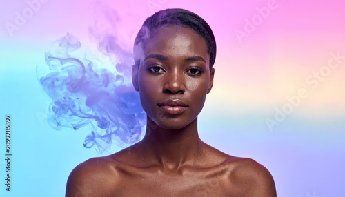 Artistic portrait of woman with colorful smoke effects.