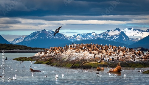 arctic birds and sea lions in the beagle channel island near ushuaia tierra del fuego province patagonia argentina