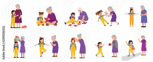 Grandmother and Granddaughter Reading and Learning with Books Illustration Set