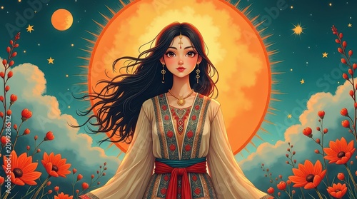 Beautifully illustrated image of a girl horoscope Kazakhstan