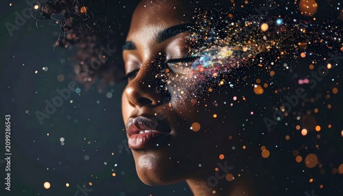 Artistic portrait of woman with cosmic galaxy glitter effects.