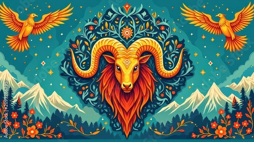 Colorful illustration of the Taurus symbol in the barn horoscope Kazakhstan