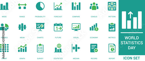 Statistics day vector flat icon set. Featuring business data analysis, finance dashboard metrics and survey chart report.