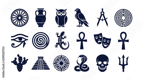 Photos Ancient civilization symbols vector collection, historical cultural icons, mystical esoteric signs, mythology and spiritual design elements for education and art