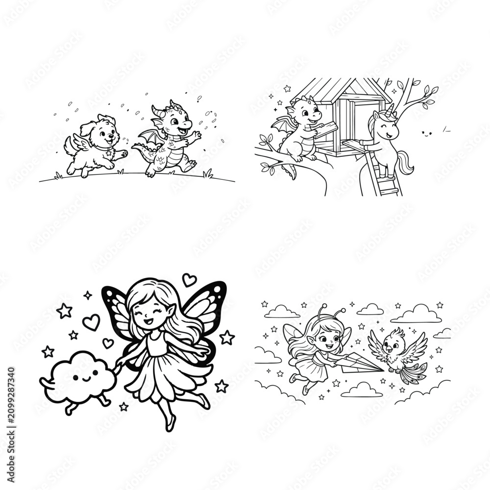 Obraz premium Whimsical fairy illustrations. Fantasy black and white drawings.