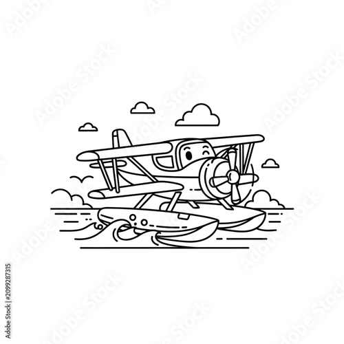 Fotografía Cartoon Biplane Seaplane Floating on Water with Propeller.
