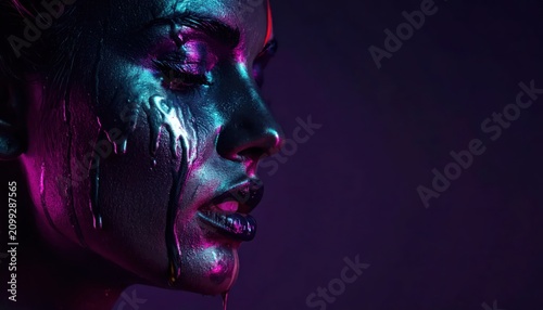 Artistic portrait of woman with glossy metallic skin in dark.