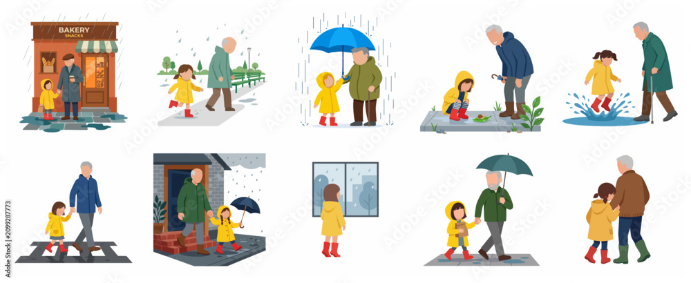 Fototapeta premium Grandfather and Granddaughter Rainy Day Activities Flat Vector Illustration Set