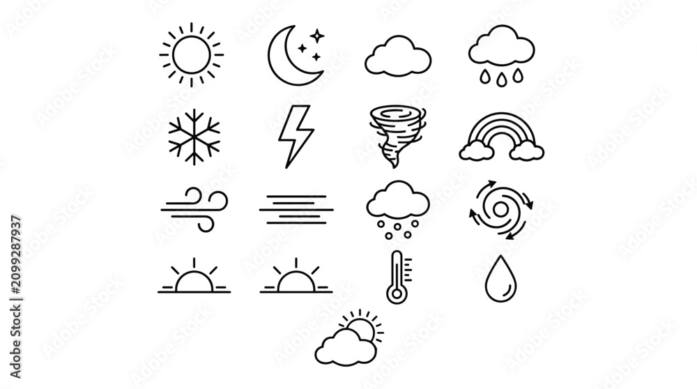 Obraz premium Weather and climate outline icon collection featuring forecast symbols and meteorological elements in minimalist black line art vector set