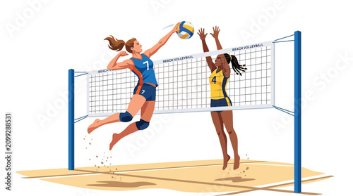 Volleyball players jumping and spiking over net on sandy court, action shot.