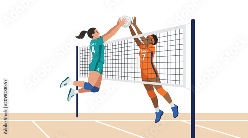 Volleyball players jumping to block ball over net, dynamic action shot.