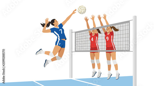 Volleyball players jumping to hit the ball over the net, action sport illustration