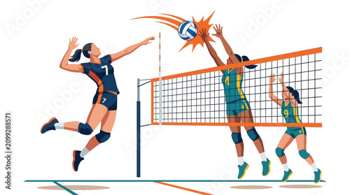 Volleyball Players Jumping to Spike and Block Ball During Match