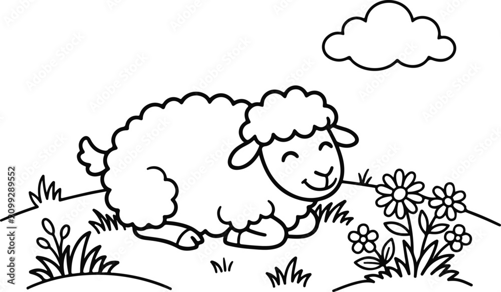 Obraz premium Cute lamb coloring page springtime meadow with flowers for kids adults