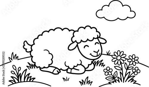 Cute lamb coloring page springtime meadow with flowers for kids adults