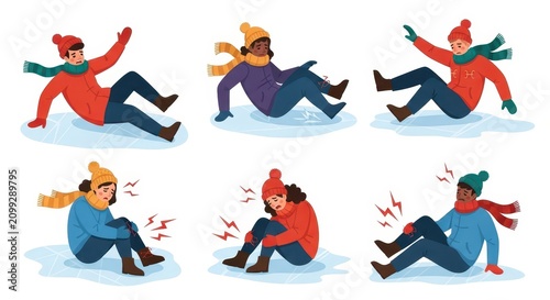 Set of people slipping and falling on ice, winter season accidents, injury, pain, and trauma, cartoon vector illustration