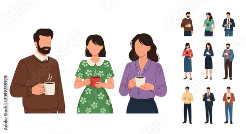 Set of people holding cups of coffee or tea, group of men and women with hot drinks, flat vector illustration